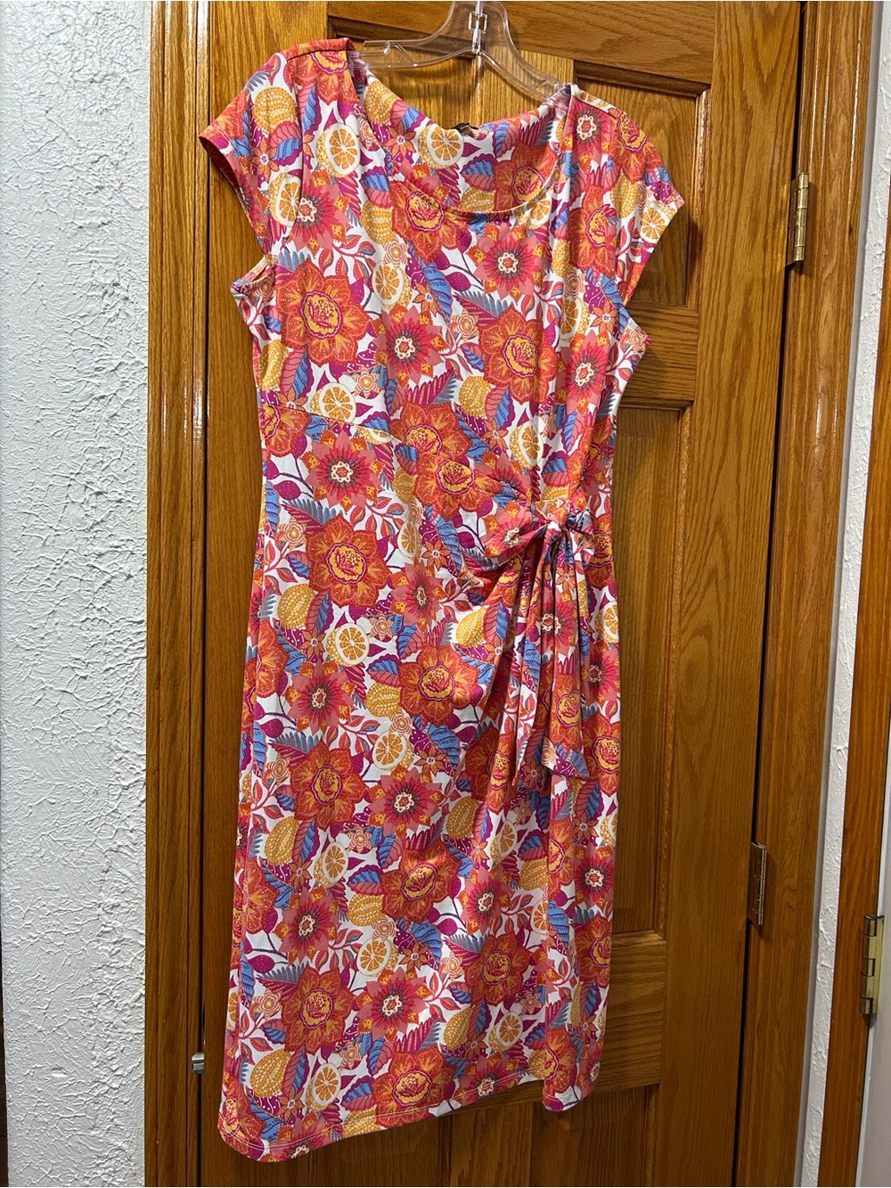 Talbots Coral and Yellow Floral Midi Dress with Side Tie